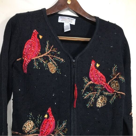 Heirloom Collectibles Christmas Sweater Bead Black Red Cardinals PM - Picture 2 of 6